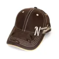 Distressed brown baseball cap with contrast white stitching and side letter embroidery. - N Coffee