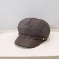Vintage British newsboy hat with brown textured fabric and faux leather brim detail - Dark Brown Linen Gray
