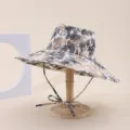 Floral print wide brim sun hat with chin strap for outdoor sun protection and travel - Adult 55-58cm / Gray Orange Leaf Print (8)