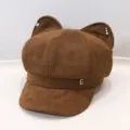 Detailed view of brown faux suede baker boy hat featuring cute cat ears and metal G letter. - Adult 55-58cm / C Brown