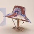 Detail of wide-brim sun hat with colorful tribal print and adjustable chin strap - Adult 55-58cm / Geometric Radial Print (16)
