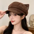 Brown suede cat ear newsboy hat for women, stylish autumn winter painter cap with key charm. - Adult 55-58cm / Small Key - Coffee