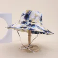 Close-up of wide-brim fisherman hat with abstract blue and yellow ink-wash print pattern - Adult 55-58cm / Blue and Yellow Ink Print (30)