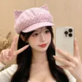 Pink polka dot cat ear painter hat detail view, sweet style cute autumn winter accessory - Adult 55-58cm / Polka Dot Cloud Hat - Pink