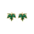 Elegant gold maple leaf stud earrings featuring sparkling green crystal gemstones - Green Maple Leaf Short Stud Earrings