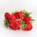 13-Head Artificial Peony Bouquet Silk Fake Flowers for Wedding Home Hotel Decor Red - Red