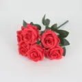 Vibrant red 6-head artificial rose bouquet for elegant wedding and home interior decoration - Red