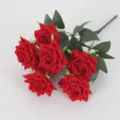 7-Head Velvet Artificial Rose Bouquet Red Fake Flowers For Home Wedding Decoration - Red
