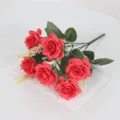 6 Heads Artificial Red Rose Bouquet Fake Silk Flowers for Home Living Room Table Decor - Red