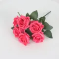 Vibrant pink 6-head artificial rose bouquet for home and wedding decor. - Rose Red
