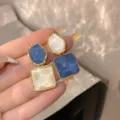 Elegant vintage Korean style geometric stud earrings in blue and cream white with gold trim - Geometric Blue White Patchwork Style (E3030) / Gold Blue