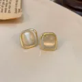 Elegant minimalist rounded square gold stud earrings with cat eye stones for daily wear - 方形猫眼石耳钉(E2586金)