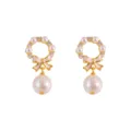 Elegant Korean style pearl earrings with gold bow detail and sparkling crystals for women - Bowknot Artificial Pearl Hoop Earrings (E2552 Gold)