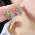 Elegant flower stud earrings with green opal-like petals and sparkling crystals - Double Flower Linked Style (E2297 Gold Green) / Gold Green