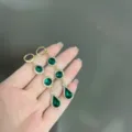 Elegant vintage style gold drop earrings with green emerald crystals and halo for women - Round Water Drop Style (E3032) / Gold Green