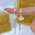 Elegant gold tassel earrings with white cat's eye bead and rhinestone ginkgo leaf - Cat Eye Stone Ginkgo Leaf Long Tassel Style (E2333 Gold White + Cat Eye) / E2333 Gold White + Cat Eye