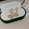 Elegant gold flower drop earrings featuring sparkling crystals and cat's eye stones. - Cat Eye Stone Flower Hoop Style (E2333 Gold White Short) / E2333 Gold White Short