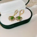 Luxury gold flower earrings with green stones and sparkling pavé crystals - Green Cat Eye Stone Petal Hoop Style (E2333 Gold Green Short) / E2333 Gold Green Short
