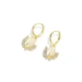 Elegant gold flower hoop earrings with white cat's eye stone and sparkling rhinestones - Tulip Cat Eye Stone Hoop Style (E2373 Gold White) / E2373 Gold White