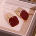 Elegant burgundy square enamel earrings with high-quality gold-tone lever-back hooks - Square Red Glaze Lever-Back Earrings (E2533) / Dark Red