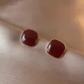Elegant French romantic square stud earrings with burgundy enamel and gold trim finish - Square Red Enamel Stud Earrings (E2533) / Burgundy