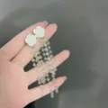 Elegant Korean style white rose stud earrings with long clear beaded tassels - White Rose Long Tassel Style (E3080) / Gold