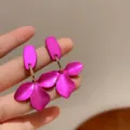 Handheld vibrant magenta petal drop earrings with a retro minimalist fashion design - Magenta Petal Pendant Style (E3089) / Purple
