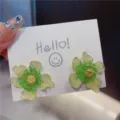 Elegant green and yellow floral stud earrings with textured petals shown on white card - Crystal Texture Flower Style (E2420) / Gold/Green