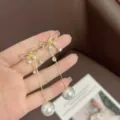 Vintage gold bow drop earrings with elegant faux pearls and shimmering rhinestone accents - Pearl Butterfly Bow Style (E3142) / Gold White
