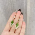 Elegant gold-tone dangle earrings with green cat-eye stone and sparkly rhinestones - Leaf Emerald Rhinestone Tassel Style (E2487) / Light Green