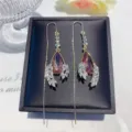 Elegant pink teardrop crystal dangle earrings with marquise petal accents in gold tone - Waterdrop Floral Tassel Style (E2487) / Purple