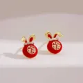 Red rabbit lucky bag stud earrings with golden Fu character detail - Blessing Bag Style (E2688 Gold)
