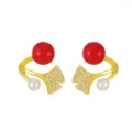 Elegant gold-plated ginkgo leaf earrings featuring a red bead and white pearl accent - Cherry Red Pearl Gold (E1247)