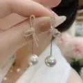 Elegant Korean style bow-knot pearl drop earrings with sparkling cubic zirconia stones - Bowknot Pearl Style (E3114) / Gold
