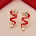 Elegant red enamel dragon stud earrings with sparkling crystals and a luxurious gold finish - Vintage Red-Gold Dragon Style (E3717 Gold) / Gold