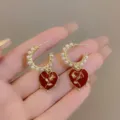 Elegant French vintage gold C-hoop earrings with pearls and red heart rose pendant - Red Heart Rose Flower Earrings (E2743 Gold)