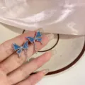 Unique artistic liquid metal butterfly stud earrings with deep blue enamel finish - Blue Liquid Metal Butterfly Style (E3902 Silver) / Silver