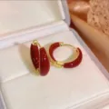 Elegant French vintage red enamel hoop earrings with a polished gold-tone finish - Wine Red Vintage Ear Buckles (E2752 Gold Wine Red)