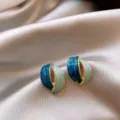 Elegant French retro blue and green marbled enamel stud earrings with gold trim - Asymmetric Blue and Green Enamel Style (E2763 Gold Blue)