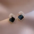 Elegant French vintage black geometric stud earrings with gold trim and pavé crystals - Black Rhombus Geometric Style (E2767 Gold)