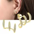 Elegant gold plated triple hoop stud earrings with sparkling crystals for women - Three-Claw Rhinestone Style / Gold