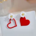 Asymmetric red heart earrings with white daisy accents on white card display - Daisy Red Heart Style (E2774 Red)