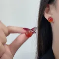 Retro minimalist spherical stud earrings with reddish-brown marble finish for women - Spherical Faux Agate Style (E5106) / Brown