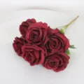 Dark red artificial roses bouquet, 7 heads fake flowers for home wedding decor and party arrangement. - Burgundy