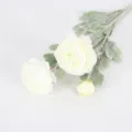 Elegant white 3-head flocked ranunculus artificial flower with green leaves for home decor - White