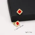 Elegant square gold stud earrings featuring red enamel center and white pearl border - Square Pearl Edged Stud Style / Red (E3635)