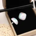 Elegant iridescent square stud earrings with holographic finish inside a jewelry box - Square Dome Style (E3530) / Holographic (E3530 Square Colorful)