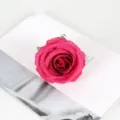 Gros plan détaillé d'une tête de rose artificielle magenta vive sur un accessoire de livre. - Pourpre Rose