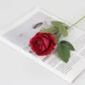 Primer plano de una rosa artificial de terciopelo rojo sobre una página de revista decorativa. - Rosa rojo