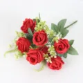 Artificial red rose bouquet with 7 flower heads, fake silk flowers for home and wedding decor. - Red
